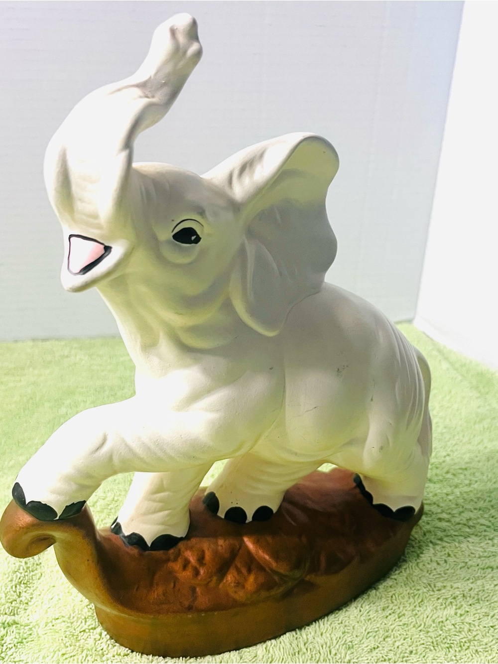 Vintage Matte White Elephant Figurine Trunk Up Good Luck Statuette 10”x9”